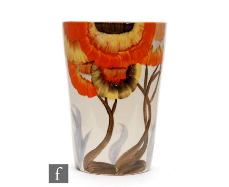 Clarice Cliff - Rhodanthe - A large beaker circa 1934, hand painted with a stylised tree landscape, Bizarre mark, height 11cm
