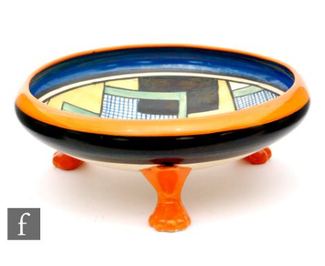 Clarice Cliff - Football - An early A.J. Wilkinson shape bowl of shallow circular form raised to three lion paw feet, painted