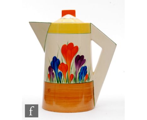 Clarice Cliff - Crocus - A large Conical shape coffee pot circa 1930, hand painted with Crocus sprays with green, yellow and 