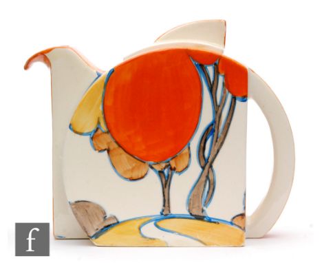 Clarice Cliff - Orange Autumn - A Stamford shape teapot and cover circa 1930, hand painted with a stylised tree and cottage l