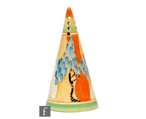 Clarice Cliff - Windbells - A Conical shape sugar sifter circa 1933, hand painted with a stylised tree and flower landscape w