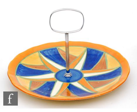 Clarice Cliff - Original Bizarre - An early cake plate circa 1928 with frill rim, radially hand painted with a repeat geometr