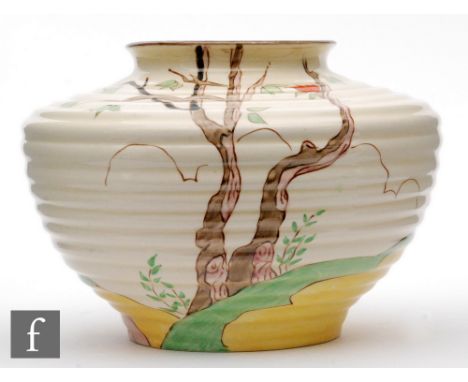 Clarice Cliff - Spire - A small shape 371 vase circa 1937, hand painted with a stylised tree landscape with village church to