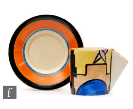 Clarice Cliff - Sunray (Night &amp; Day) - A conical shape coffee can and saucer circa 1930. hand painted with an abstract ci