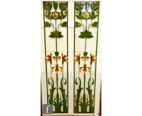 Unknown - A large framed rectangular tile panel decorated with a tubelined running design of daffodils and foliage, all to a 