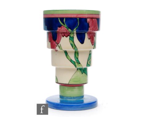 Clarice Cliff - Rudyard - A shape 366 circular stepped vase circa 1933, hand painted with a stylised tree with tonal blue and