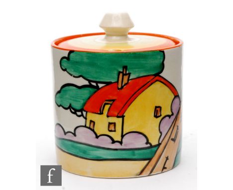 Clarice Cliff - Orange Roof Cottage - A Drum shape preserve circa 1932, hand painted with a stylised cottage and bridge desig