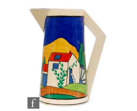 Clarice Cliff - Applique Blue Lugano - A Conical shaped jug circa 1930, hand painted with a stylised water mill to a landscap