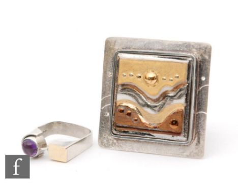 Kerry Richardson - A hallmarked silver square brooch with central abstract Keramika panel, 4cm square, with a similar amethys