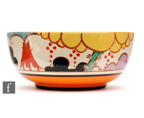 Clarice Cliff - Summerhouse - A Holborn shape fruit bowl circa 1932, hand painted with a stylised garden scene with tree and 