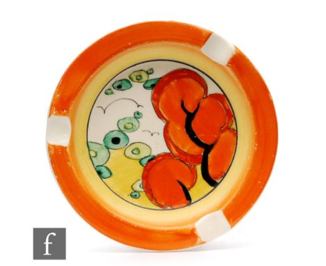 Clarice Cliff - Orange Erin - A circular ashtray circa 1933, hand painted to the central well with a stylised tree landscape 