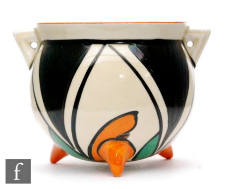 Clarice Cliff - Double V - A cauldron circa 1929, hand painted with a stylised leaf and triangular motif with orange and blac