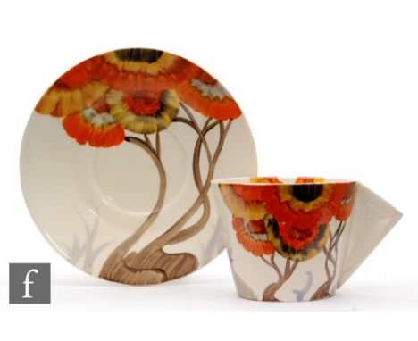 Clarice Cliff - Rhodanthe - A Conical shape coffee cup and saucer circa 1934, hand painted to cup and saucer with a stylised 