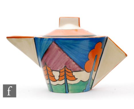 Clarice Cliff - Luxor - A conical shape teapot and cover circa 1930, hand painted with a stylised landscape scene with pyrami