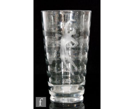 Vicke Lindstrand - Orrefors - A 1930s Pearl Diver crystal glass vase of footed form with tapering optic moulded bowl, engrave