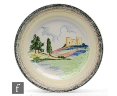 Clarice Cliff - Crayon Scenes - Castle - A circular plate circa 1936, hand decorated with a landscape scene with a castle to 