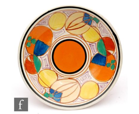 Clarice Cliff - Melon - A small circular pedestal tazza, hand painted to the well with a band of abstract fruit with black, b