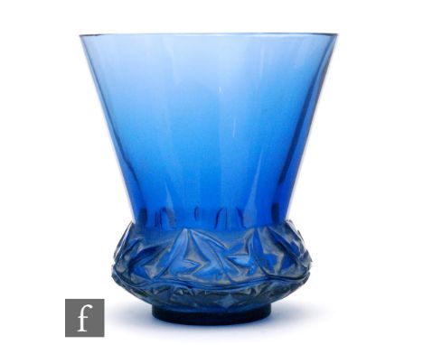 Rene Lalique - A Lierre, pattern 1041 dark blue glass vase circa 1930, of low shouldered form relief moulded with a band of i