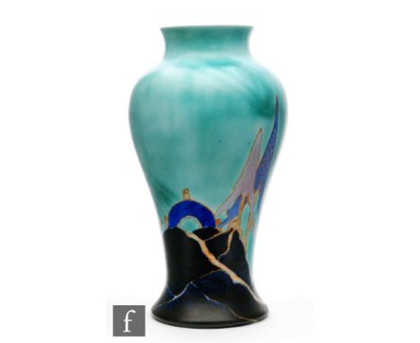 Clarice Cliff - Inspiration Caprice - A shape 14 Mei Ping vase circa 1930, hand painted with a stylised landscape with pagoda