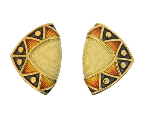 A pair of enamel clip earrings by Leo De Vroomen,  A pair of enamel clip earrings by Leo De Vroomen, of triangular form, with