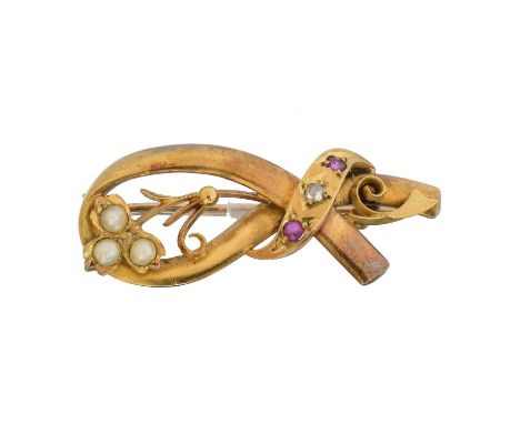 A gem-set brooch, A gem-set brooch, designed as a split pearl floral sprig, with circular shape ruby and rose cut diamond rib