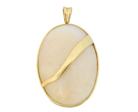 An opal pendant, An opal pendant, the oval opal cabochon with polished surround and detailing, stamped 750, length 3.8cm, gro