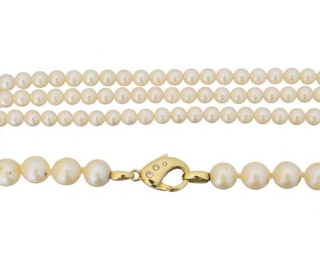 A cultured pearl necklace, A cultured pearl necklace, the single strand of cultured pearls with a diamond set spring clasp st