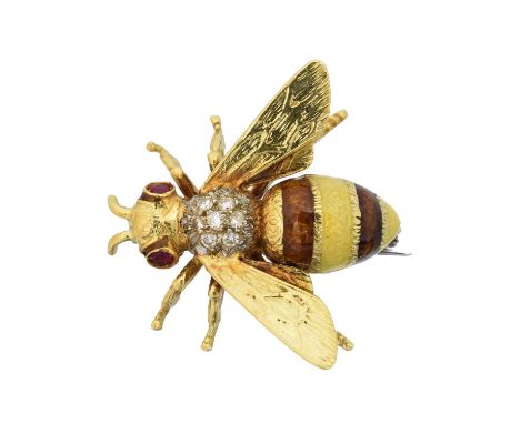 An 18ct gold gem-set bug brooch, An 18ct gold gem-set bug brooch, designed as a bee with red gem eyes, brilliant cut diamond 