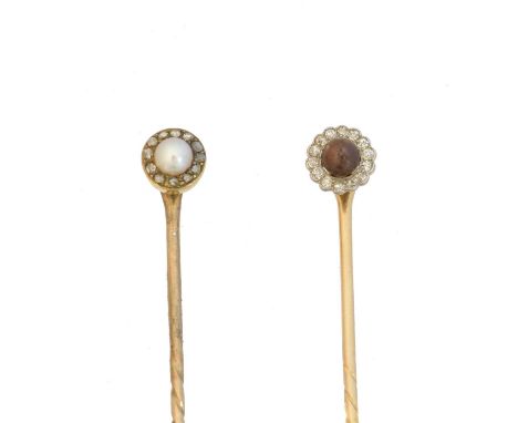 Two pearl and diamond stickpins, Two pearl and diamond stickpins, each designed as a pearl within a rose and old cut diamond 