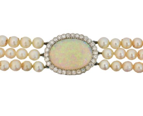 An opal, diamond and cultured pearl choker necklace, An opal, diamond and cultured pearl choker necklace, designed as an oval