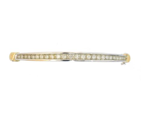 A diamond hinged bangle, A diamond hinged bangle, the brilliant cut diamond line within a bi-colour setting, total diamond we