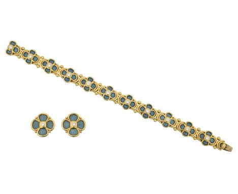 An 18ct gold enamel and diamond suite of jewellery by Leo De Vroomen, An 18ct gold enamel and diamond suite of jewellery by L