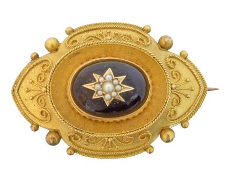 A Victorian garnet and split pearl brooch, A Victorian garnet and split pearl brooch, the split pearl cluster star-set into t