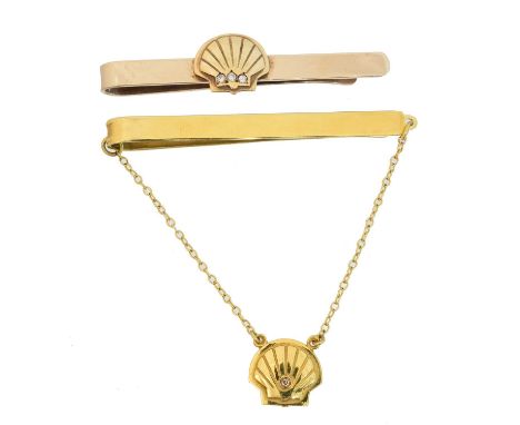 Two 9ct gold diamond tie slides, Two 9ct gold diamond tie slides, Shell interest, lengths 6 and 6.5cm, gross weight 18.6g.Ove