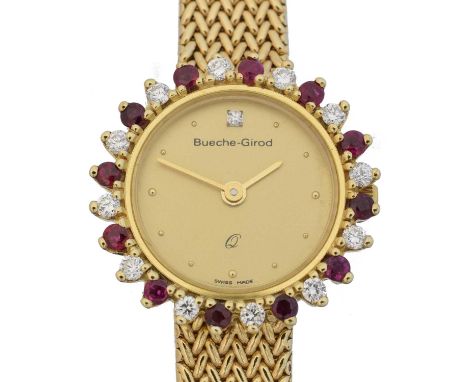 A 9ct gold ruby and diamond Bueche Girod quartz wristwatch, A 9ct gold ruby and diamond Bueche Girod quartz wristwatch, the c