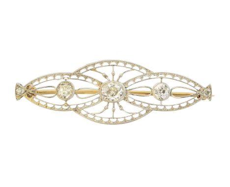 A diamond brooch, A diamond brooch, the old cut diamond line within an openwork millegrain surround, estimated total diamond 