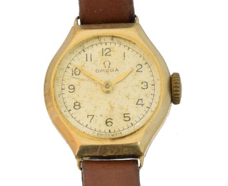 A 9ct gold Omega wristwatch, A 9ct gold Omega wristwatch, the circular signed dial with arabic markers and outer minutes trac