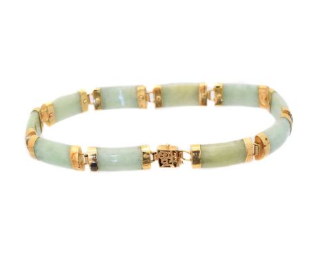 A jade bracelet,  A jade bracelet, the curved jade panels with polished terminals, hinged spacers and a Chinese character pus