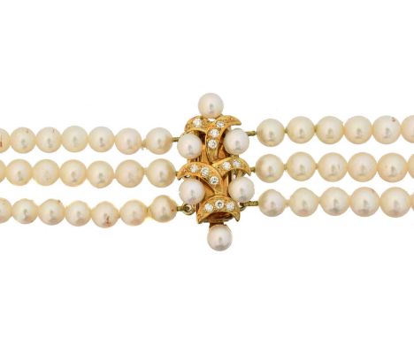 A cultured pearl necklace, A cultured pearl necklace, the triple row of graduated cultured pearls with a single cut diamond a