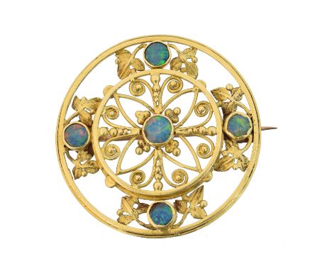 An Arts &amp; Crafts style opal brooch, An Arts &amp; Crafts style opal brooch, the circular opal triplets within a foliate a