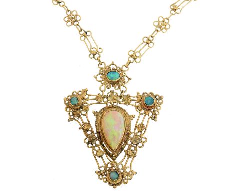 An Arts &amp; Crafts style opal necklace, An Arts &amp; Crafts style opal necklace, the vari shape opal cabochon cluster with