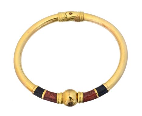 A 9ct gold enamel hinged bangle, A 9ct gold enamel hinged bangle, with red and blue enamel detailing and spherical clasp, imp