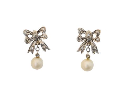 A pair of 9ct gold diamond and cultured pearl earrings, A pair of 9ct gold diamond and cultured pearl earrings, each designed