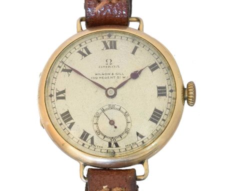 A 1920s 9ct gold Omega wristwatch,  A 1920s 9ct gold Omega wristwatch, the circular dial signed Wilson &amp; Gill 139 Regent 