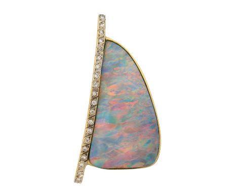 An opal and diamond pendant, An opal and diamond pendant, the triangular opal with brilliant cut diamond line accent, estimat