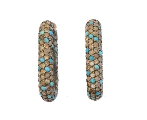 A pair of turquoise and diamond hoop earrings, A pair of turquoise and diamond hoop earrings, each designed as a single cut d