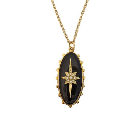 A split pearl and onyx pendant, A split pearl and onyx pendant, the split pearl cluster inset to the oval onyx cabochon, susp