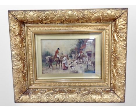 A Victorian over-painted print after N Brown depicting a fox hunting scene in heavy gilt frame, 51cm x 42cm.