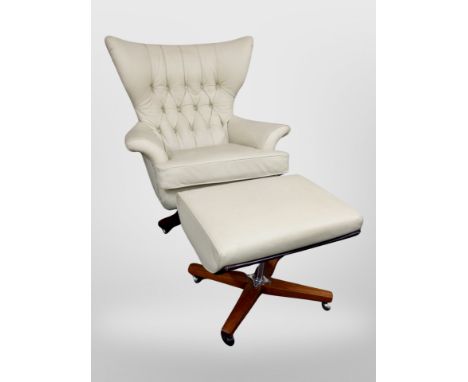 A G-Plan model 6250 'Blofeld' cream buttoned leather swivel armchair on teak support with matching footstool 