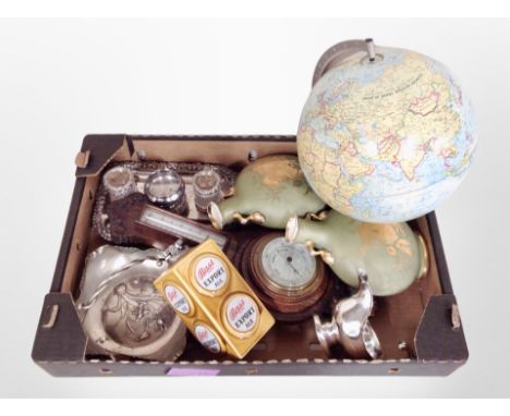 A box containing globe, oak barometer, table lighter, silver-plated wares, etc.